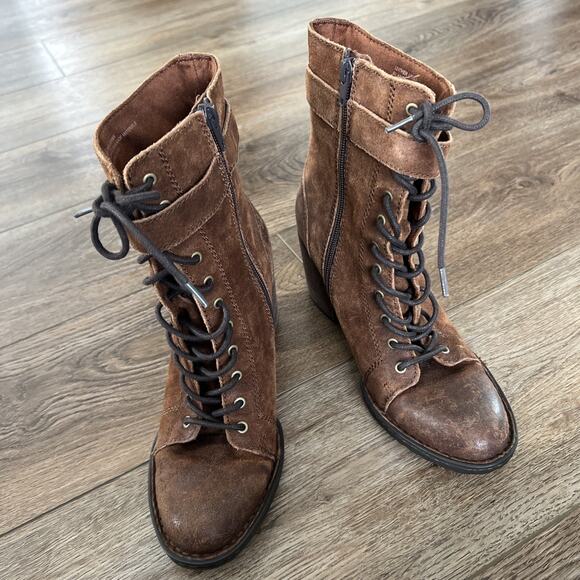 Born Boots Womens 7 Cass Rust Distressed Suede Lace Up Side Up Block Heel Granny - Picture 1 of 16